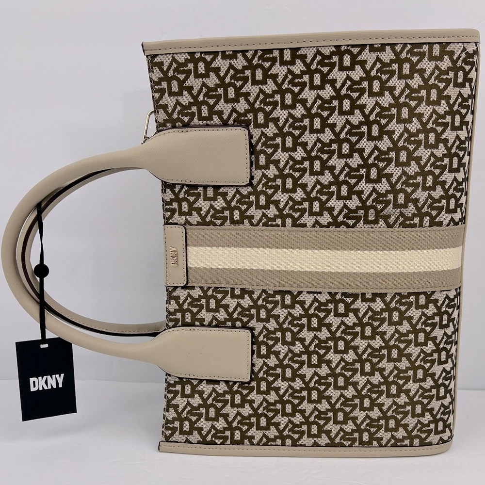 DKNY “CARLITA MD TOTE” BAG, BEIGE WITH BROWN LOGO ALL OVER WITH SHOULDER STRAP - Picture 5 of 16